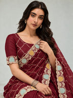 Royal Heritage Geometric Embroidered Saree with Multicolour Zari Border and Intricate Designer Blouse