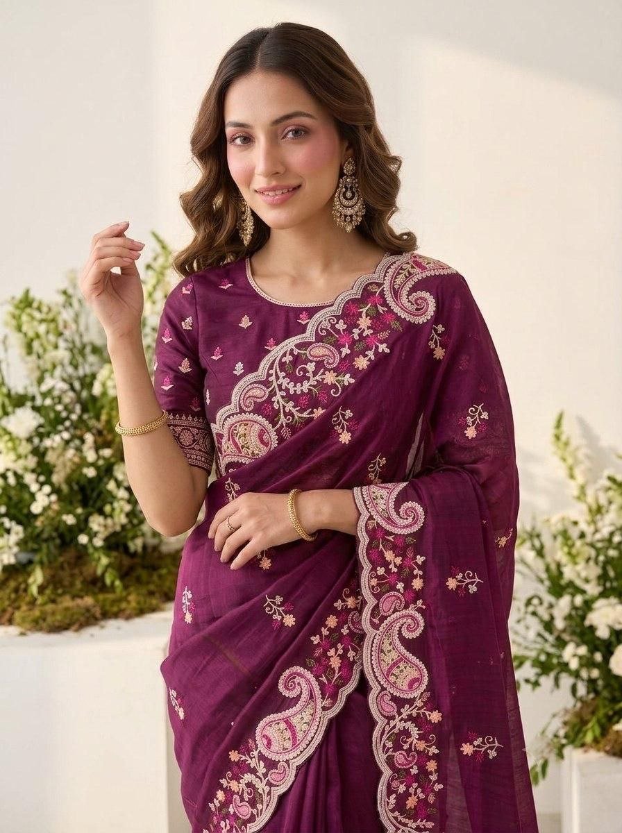 Garden Floral Romance Paisley Embroidered Draped Saree