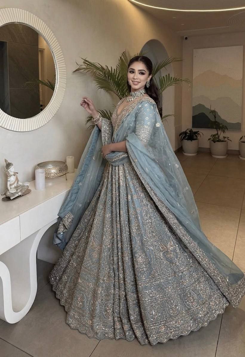Sequined Heavy Embroidered Bridal Lehenga Set with Sheer Dupatta