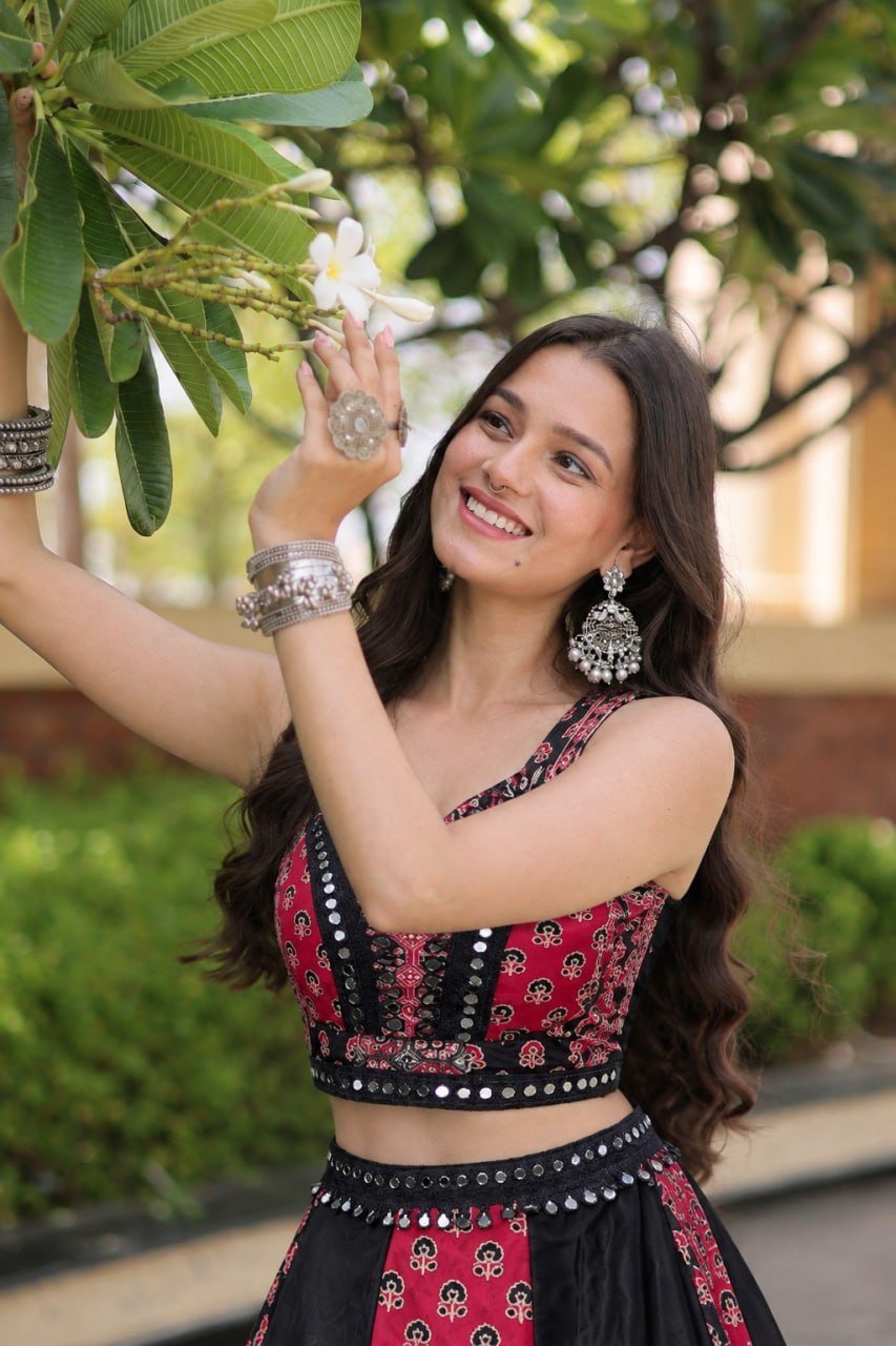 Ornate Printed Panel Flared Lehenga Choli with Mirror Work Border
