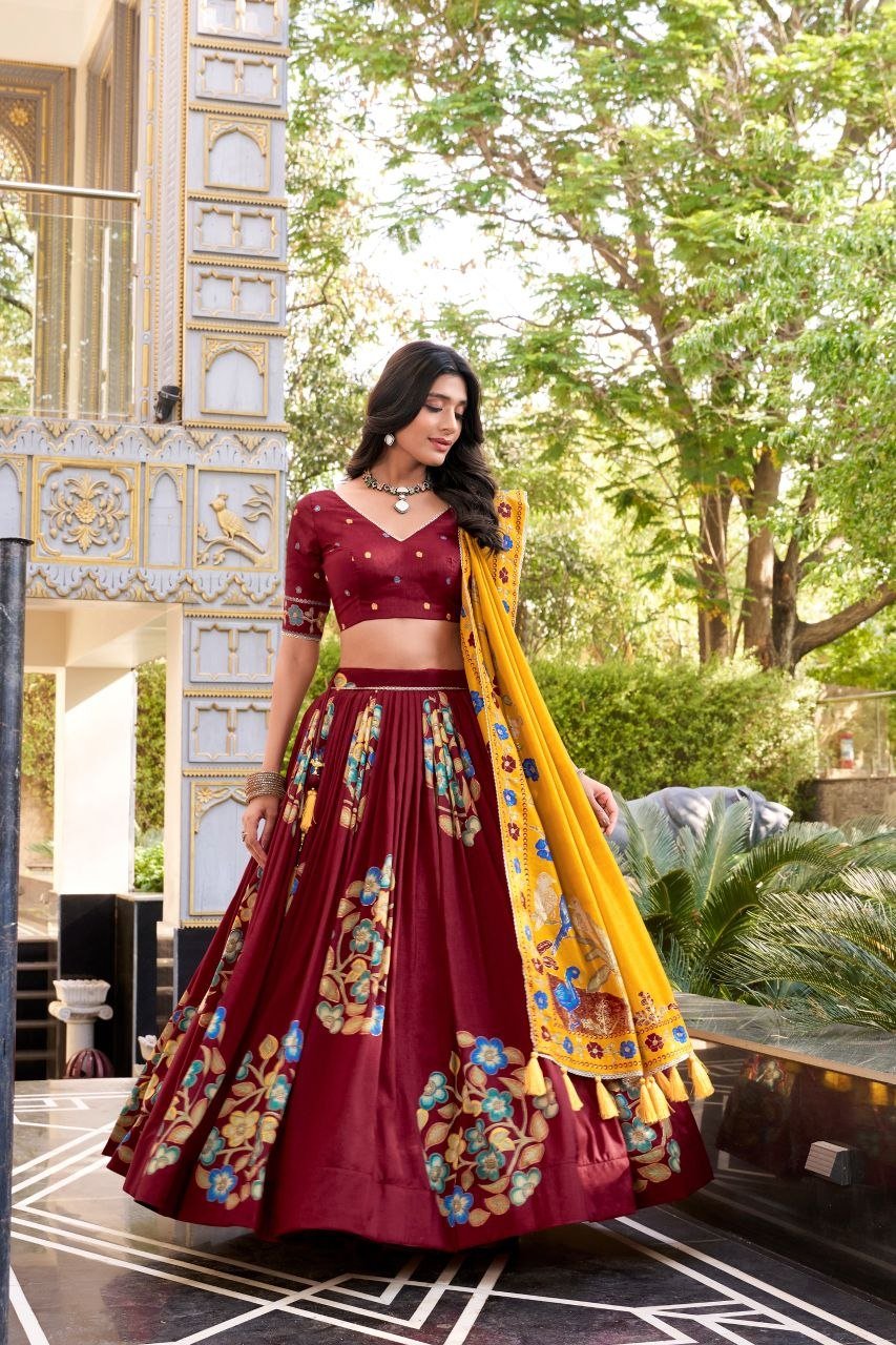 Hand Printed Kalamkari Silk Lehenga Set with Printed Dupatta