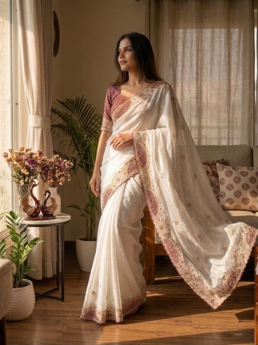 Cutwork Embroidered Organza Saree with Printed Blouse Exuding Subtle Grace