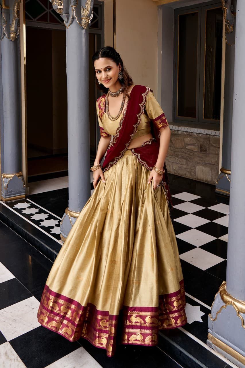 Traditional Zari Woven Silk Half Saree Set with Scalloped Embroidered Dupatta