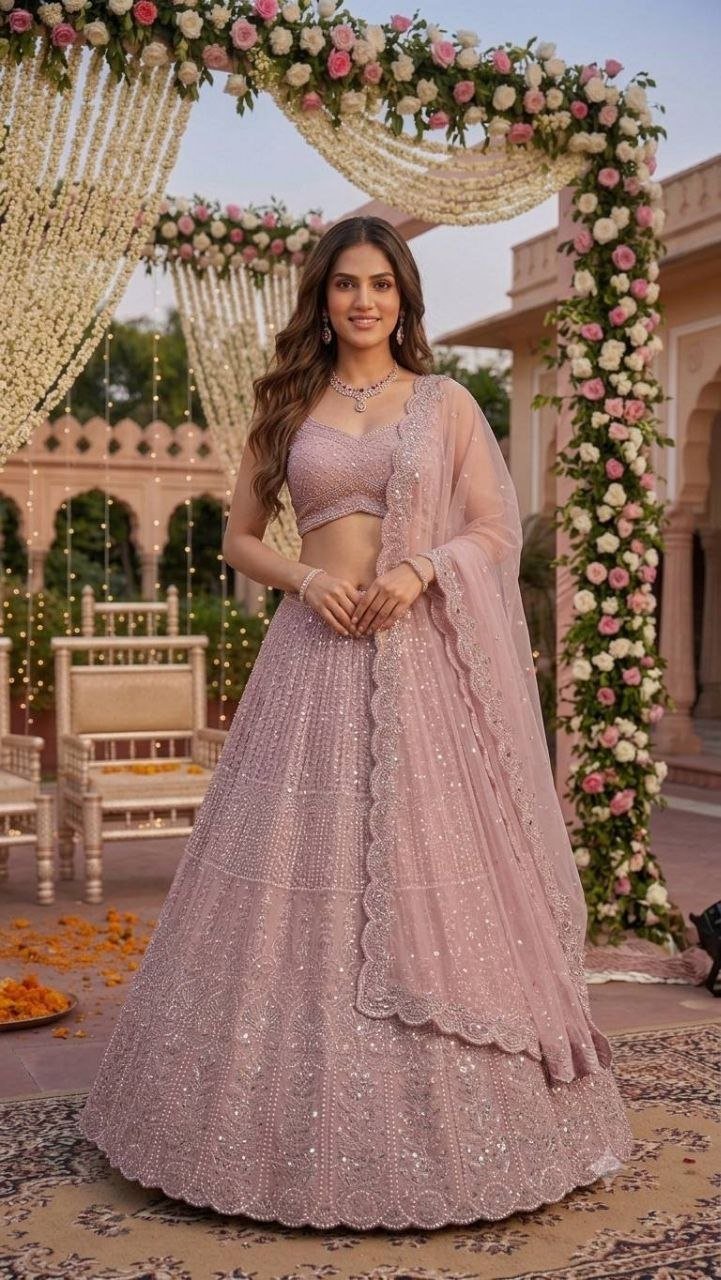 Sequined Thread Work Georgette Lehenga Set with Scalloped Net Dupatta