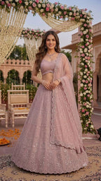 Sequined Thread Work Georgette Lehenga Set with Scalloped Net Dupatta