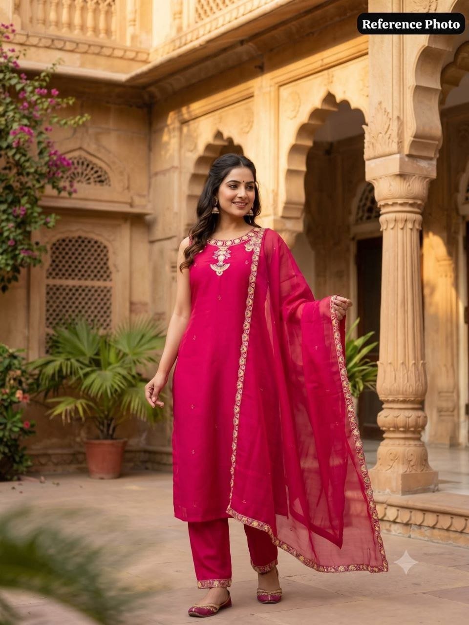 Embroidered Neckline Straight Kurta Set with Scalloped Dupatta - Surat Wholesale Ethnic Wear (Photo 2)