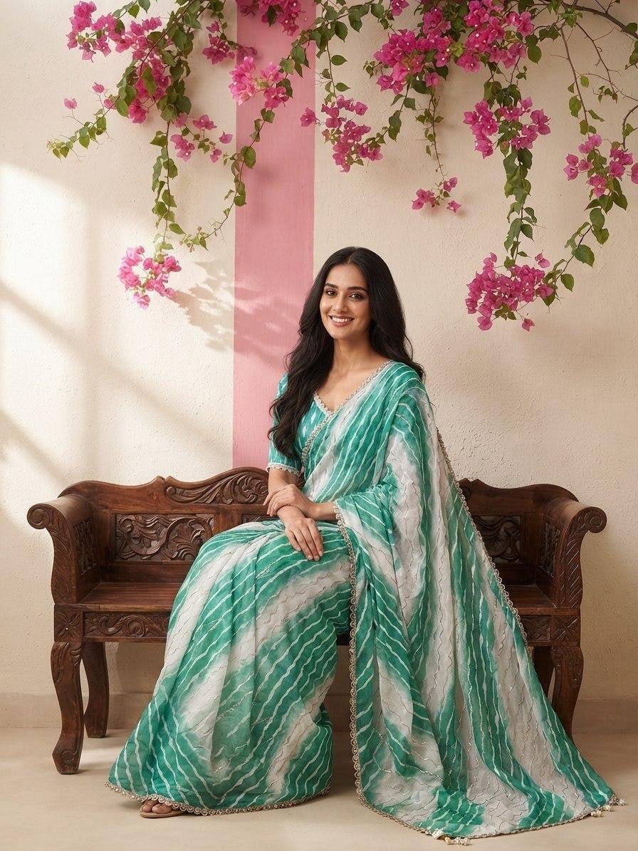 Contemporary Statement Handcrafted Wave Pattern Saree with Delicate Scalloped Border