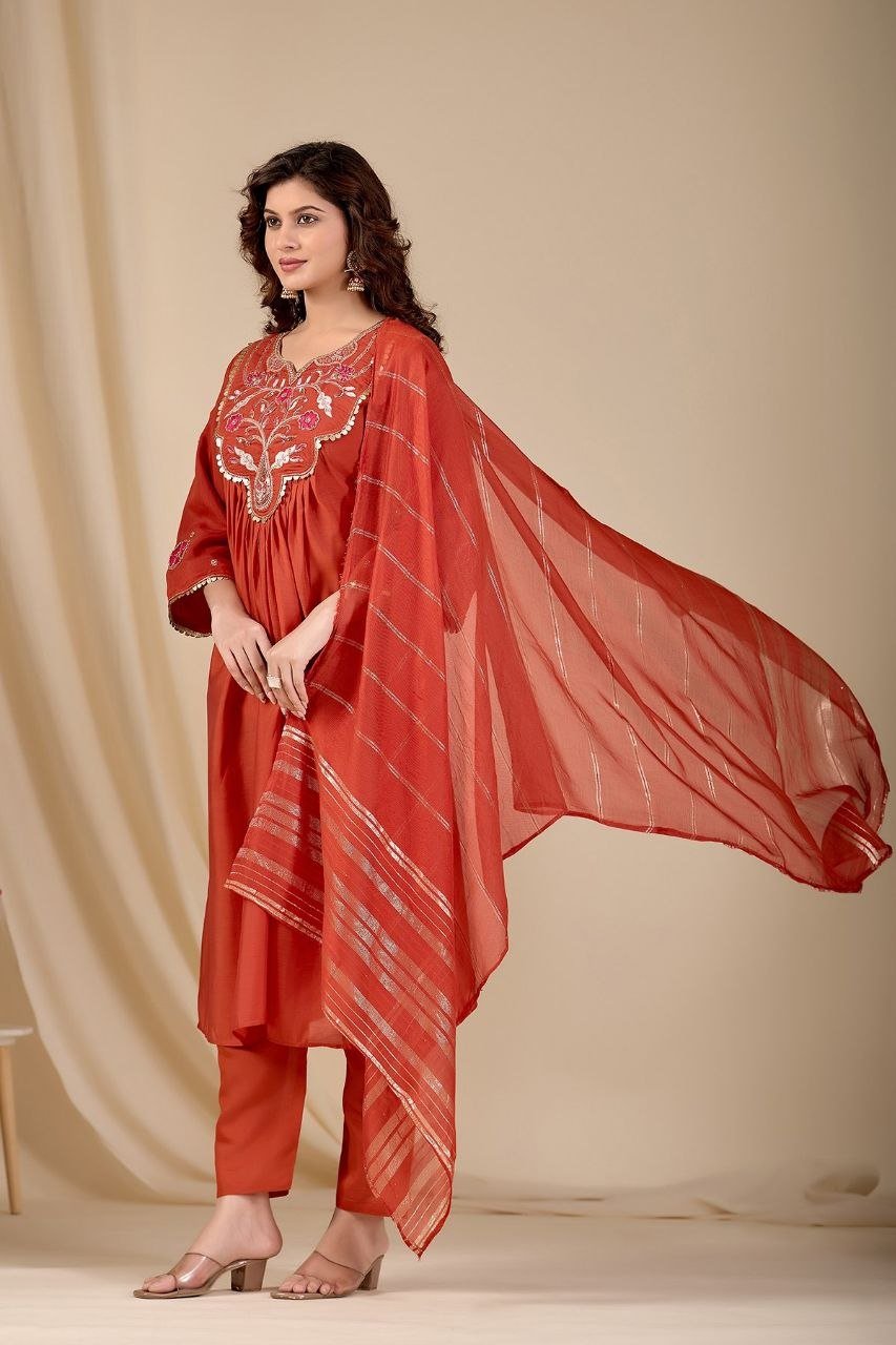 Intricate Embroidery Design on Solid Kurta Set with Striped Dupatta