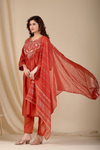 Intricate Embroidery Design on Solid Kurta Set with Striped Dupatta