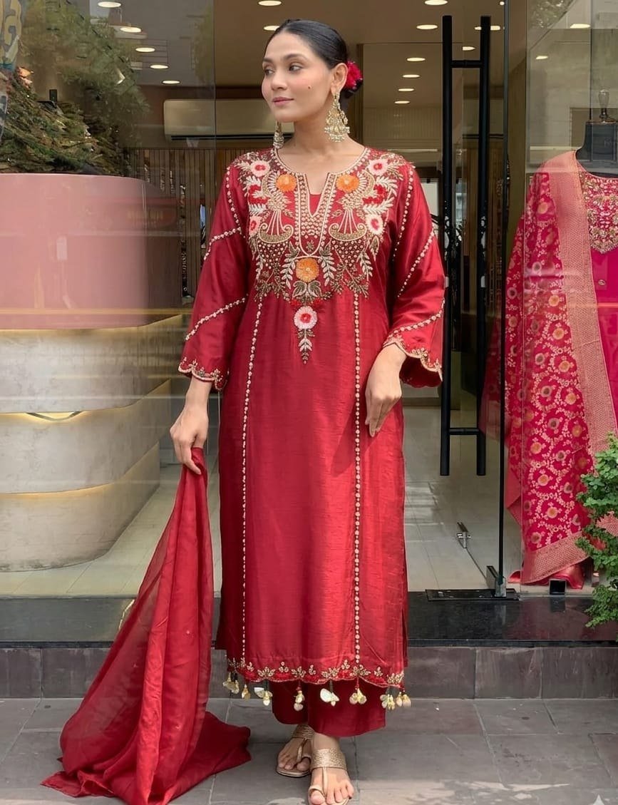 Subtle Grace Embroidered Straight Kurta Set with Tasseled Hem Dupatta