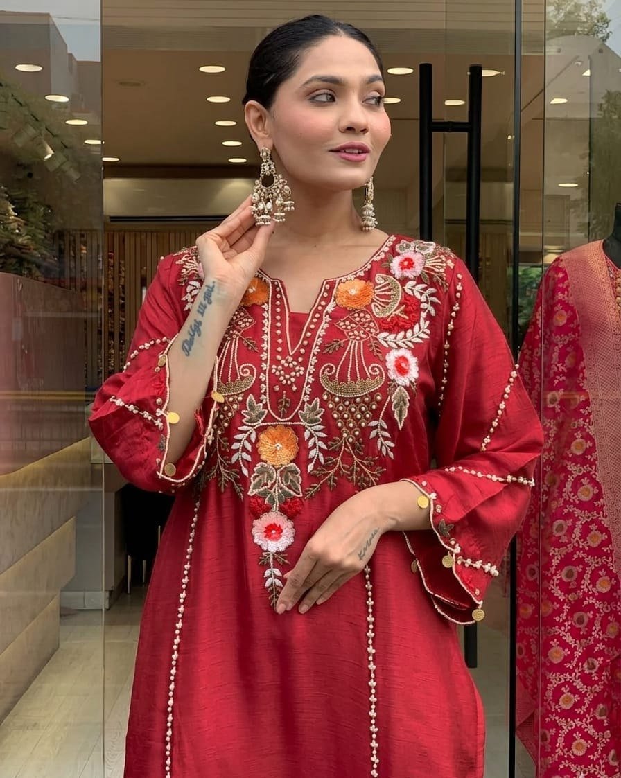 Subtle Grace Embroidered Straight Kurta Set with Tasseled Hem Dupatta