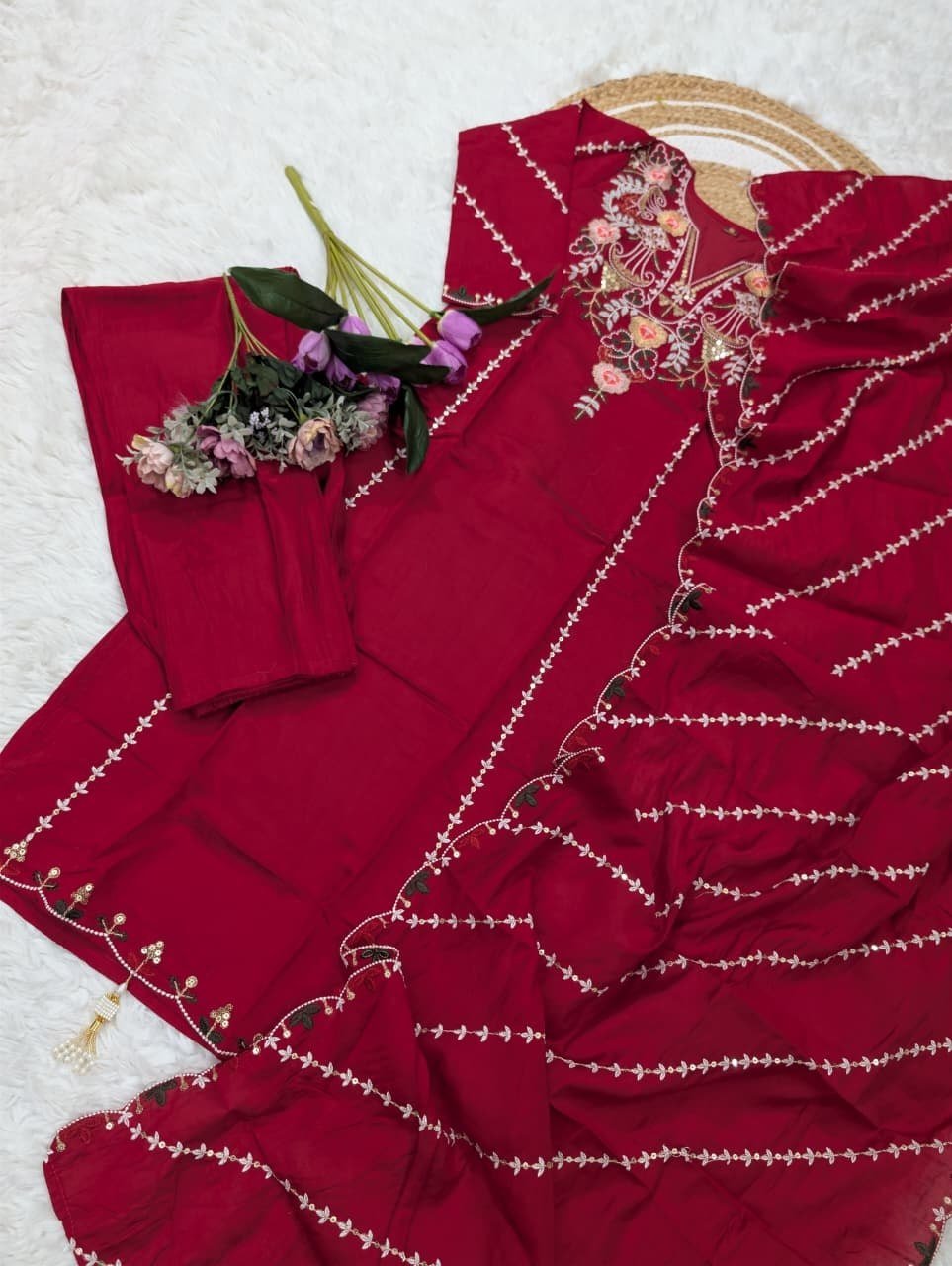 Subtle Grace Embroidered Straight Kurta Set with Tasseled Hem Dupatta