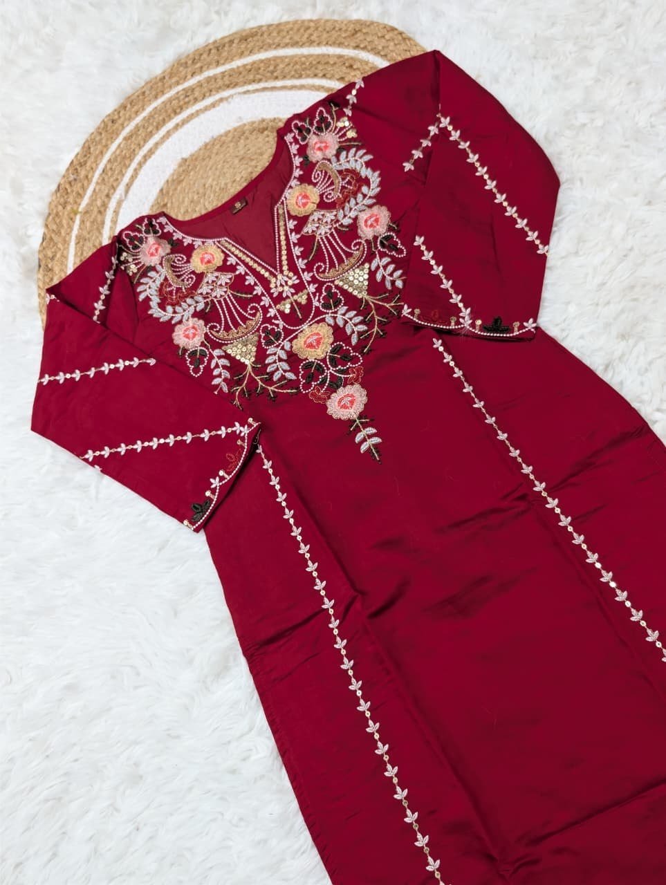 Subtle Grace Embroidered Straight Kurta Set with Tasseled Hem Dupatta