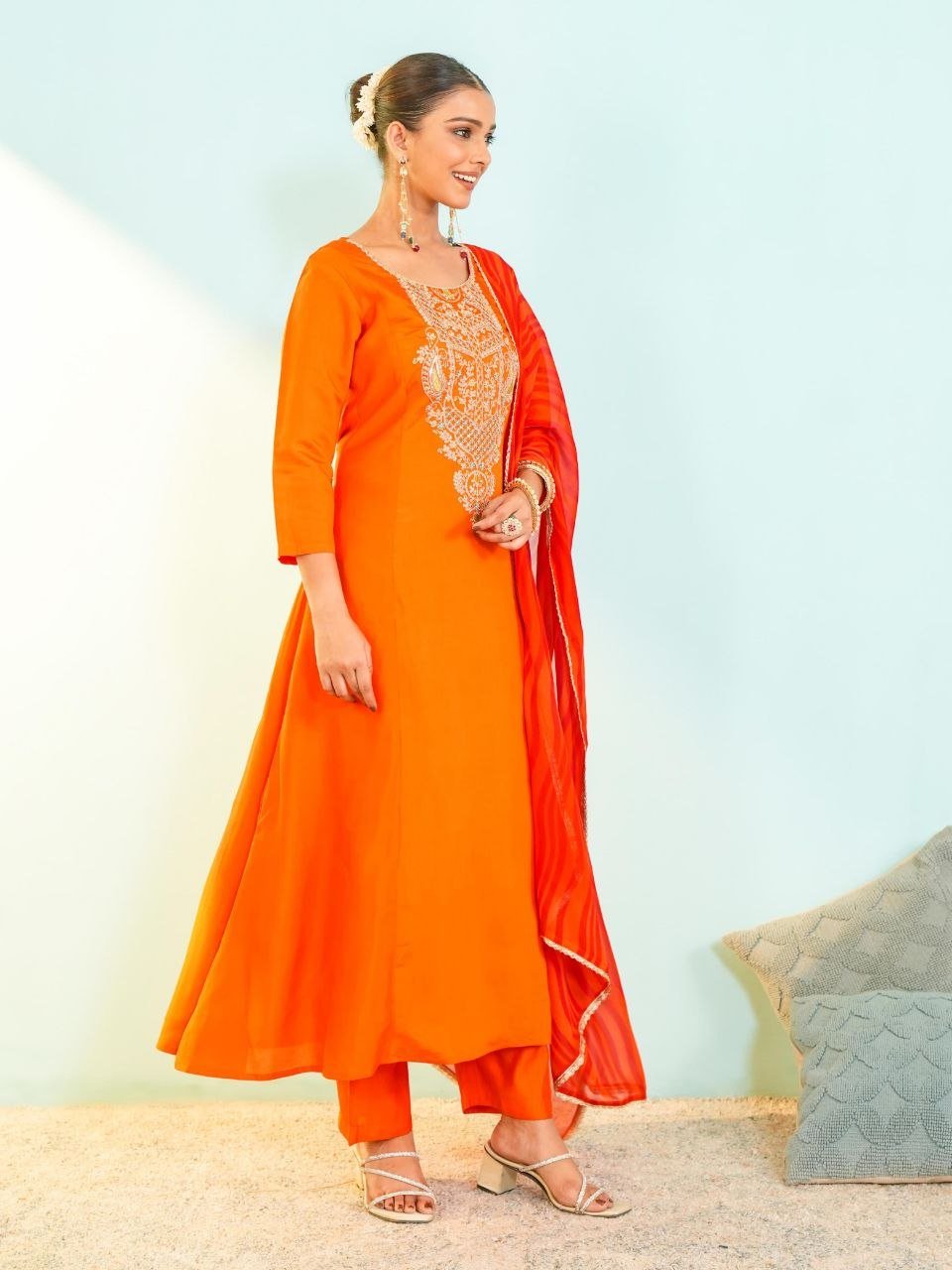 Festive Embroidered Anarkali Suit with Striped Dupatta