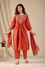 Intricate Embroidery Design on Solid Kurta Set with Striped Dupatta