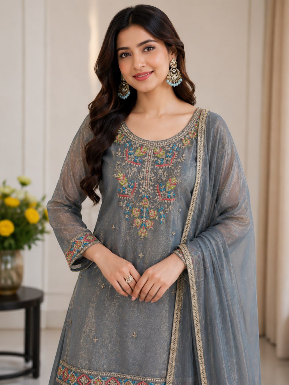 Artisanal Threadwork Embroidered Straight Kurta Sharara Set with Sheer Dupatta