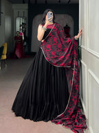 Embellished Neckline Silk Flared Lehenga Set with Floral Printed Dupatta