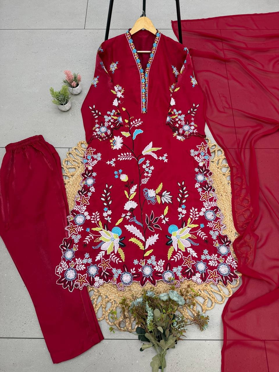 Embroidered Floral Straight Kurta Set with Chiffon Dupatta