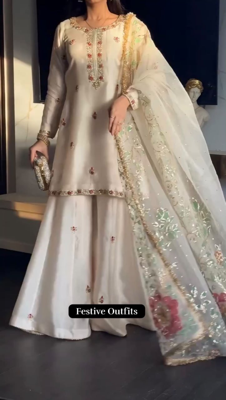 Subtle Grace Embroidered Short Kurta and Sharara Set with Sheer Dupatta - Surat Wholesale Ethnic Wear (Photo 3)