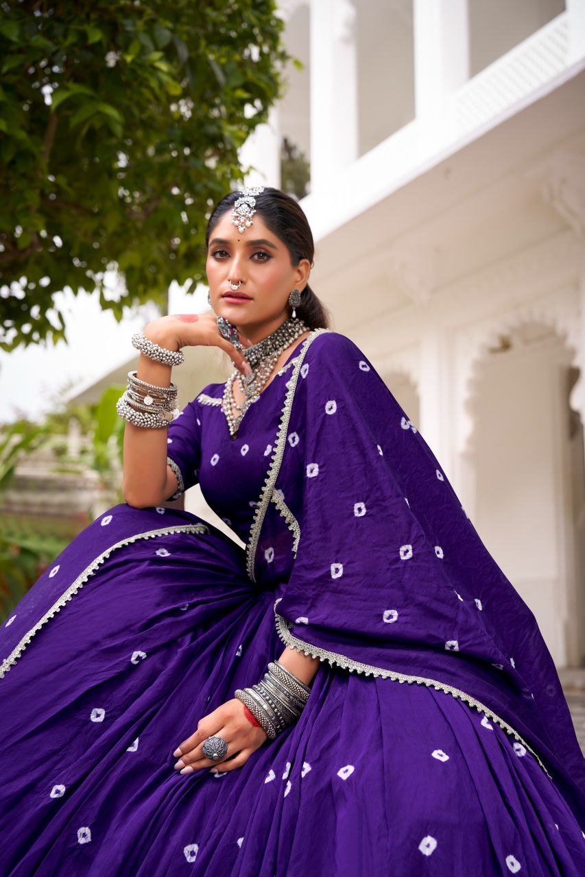 Traditional Bandhani Print Flared Lehenga Choli with Lace Border Dupatta