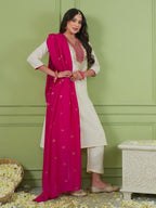 Embroidered Neckline Straight Kurta Set With Woven Dupatta