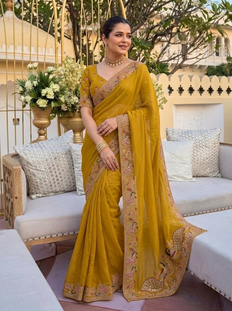 Royal Heritage Peacock Embroidered Saree with Intricate Floral Handwork and Ornate Designer Border - Surat Wholesale Ethnic Wear (Photo 3)