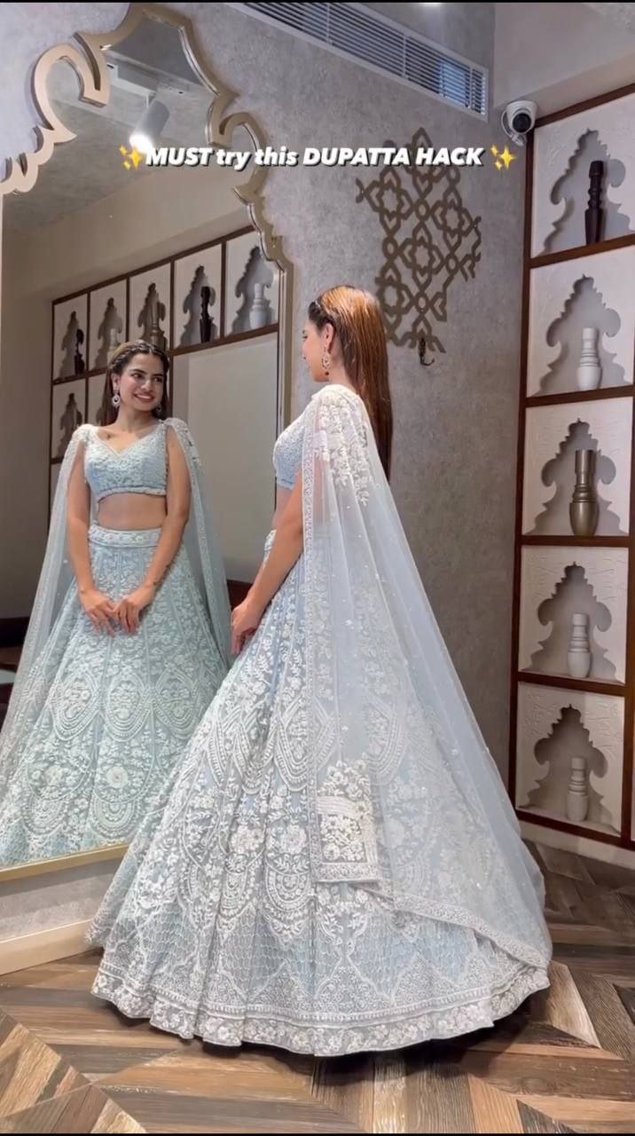 Chikankari Sequined Lehenga Set with Attached Cape Dupatta