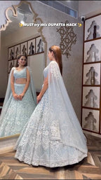 Chikankari Sequined Lehenga Set with Attached Cape Dupatta