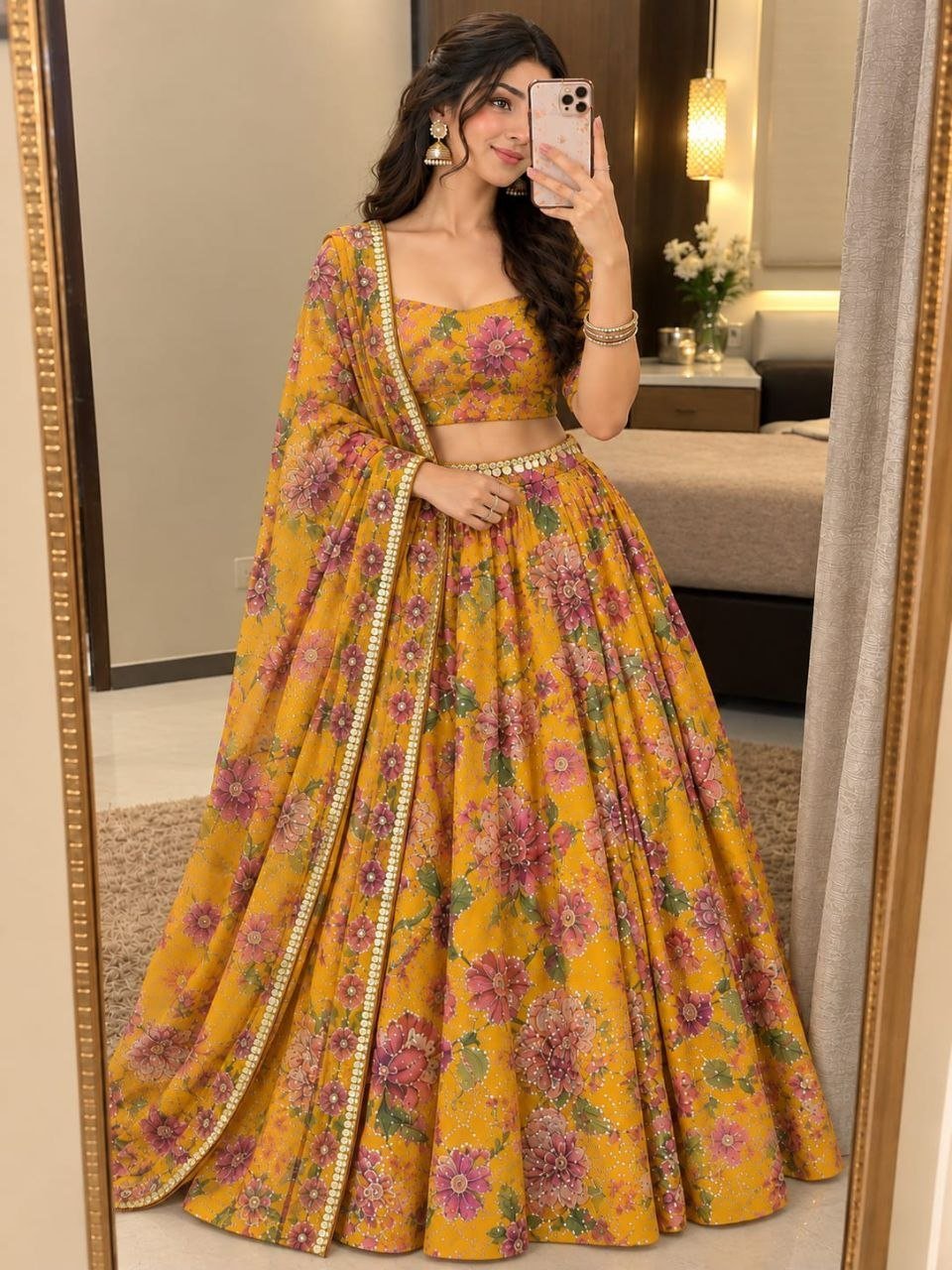 Floral Print Georgette Lehenga Set with Mirror Work Dupatta - Surat Wholesale Ethnic Wear (Photo 3)