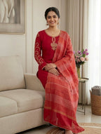 Embroidered Neckline Straight Kurta Set With Organza Dupatta