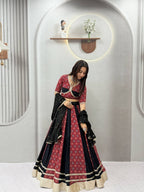 Printed Panel Flared Lehenga Choli with Lace Border Dupatta