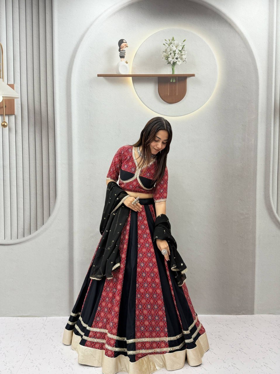 Printed Panel Flared Lehenga Choli with Lace Border Dupatta