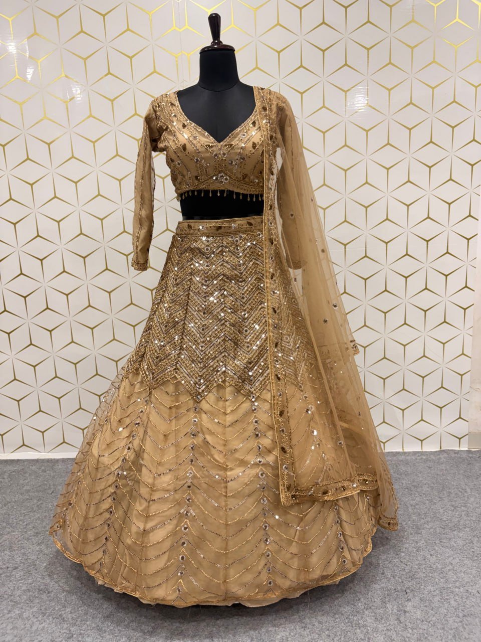 Glittering Geometric Sequin Work Flared Lehenga Set