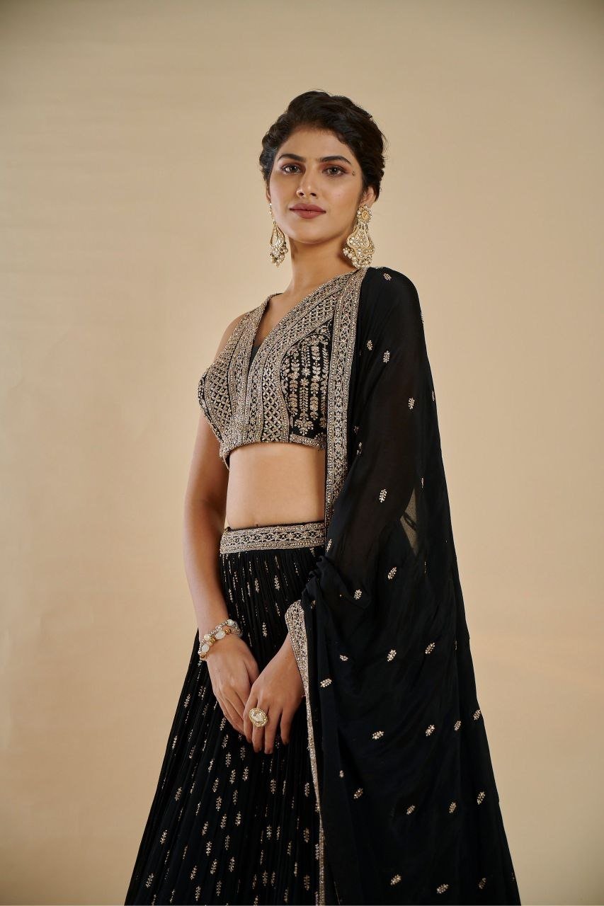Zardosi Embroidered Velvet Lehenga Set with Attached Cape - Surat Wholesale Ethnic Wear (Photo 3)