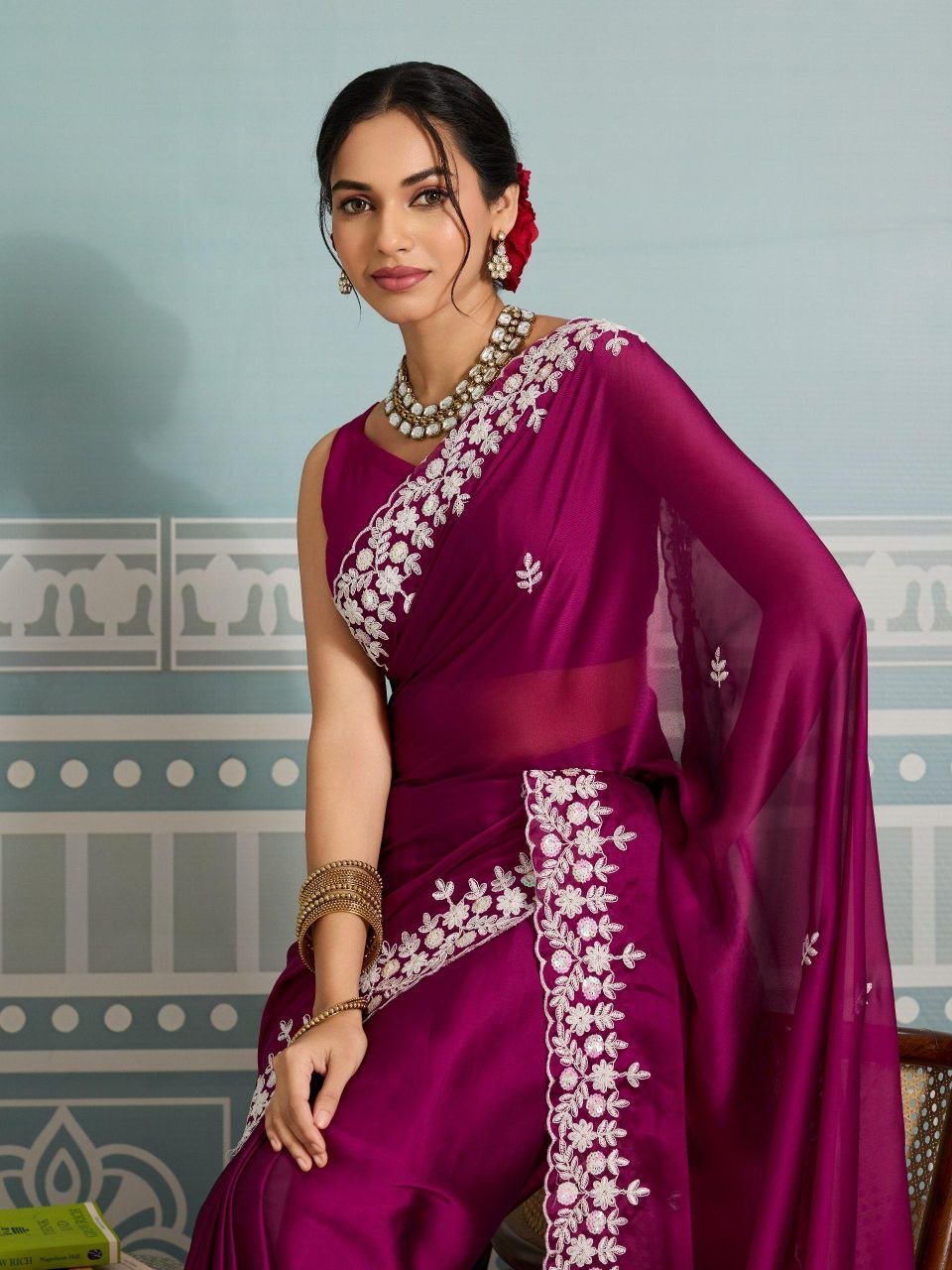 Contemporary Statement Floral Embroidered Saree with Scalloped Border