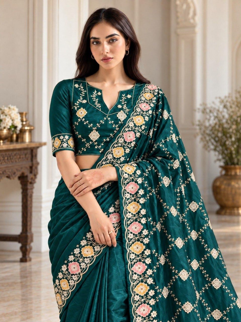 Opulent Luxury Floral Embroidered Saree with Intricate Motif Detailing - Surat Wholesale Ethnic Wear (Photo 3)