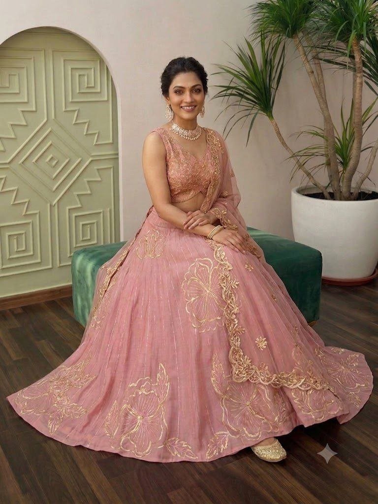 Gold Thread Embroidered Floral Lehenga Set with Scalloped Dupatta