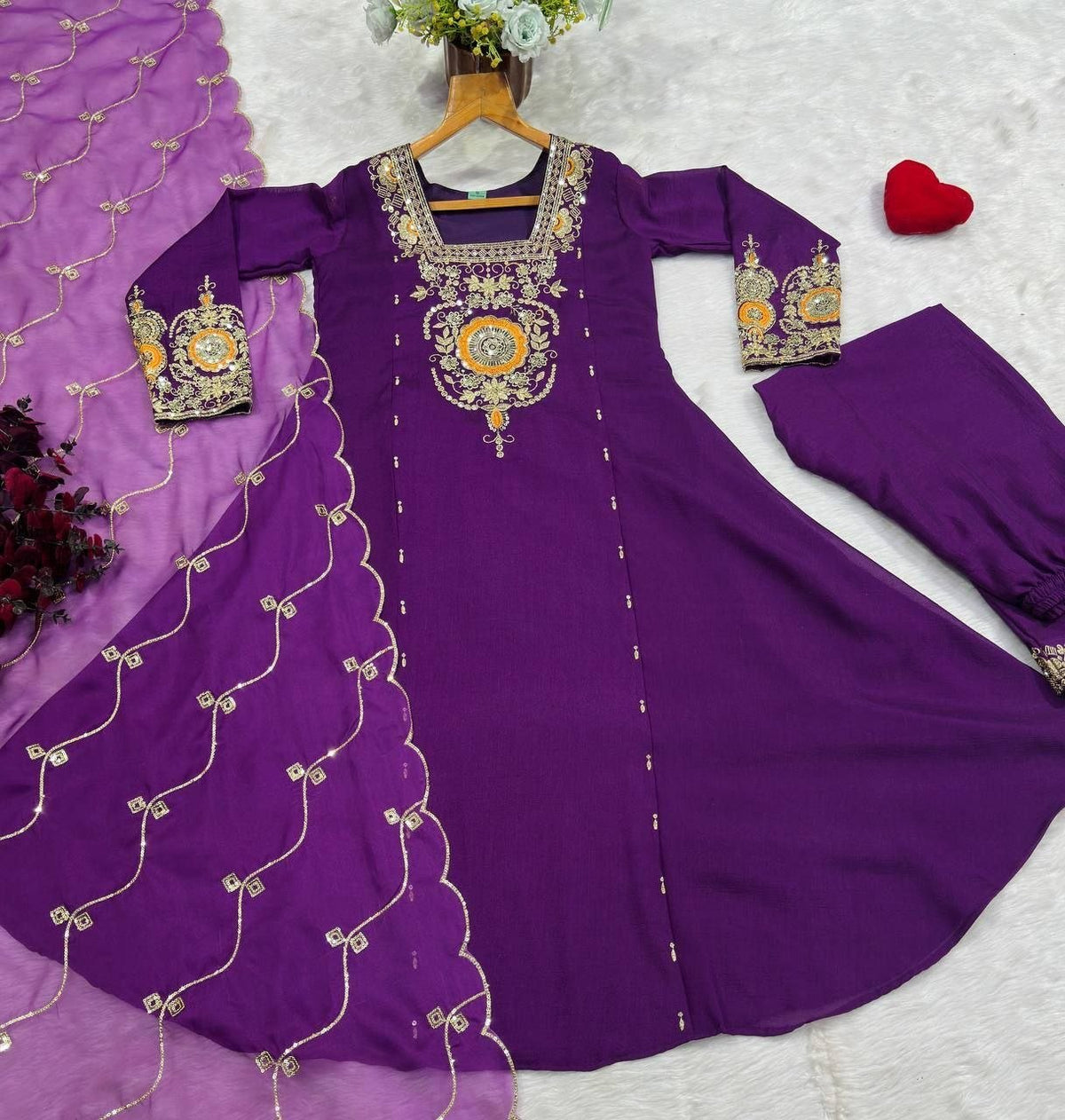 Embroidered Anarkali Suit Set With Matching Organza Dupatta