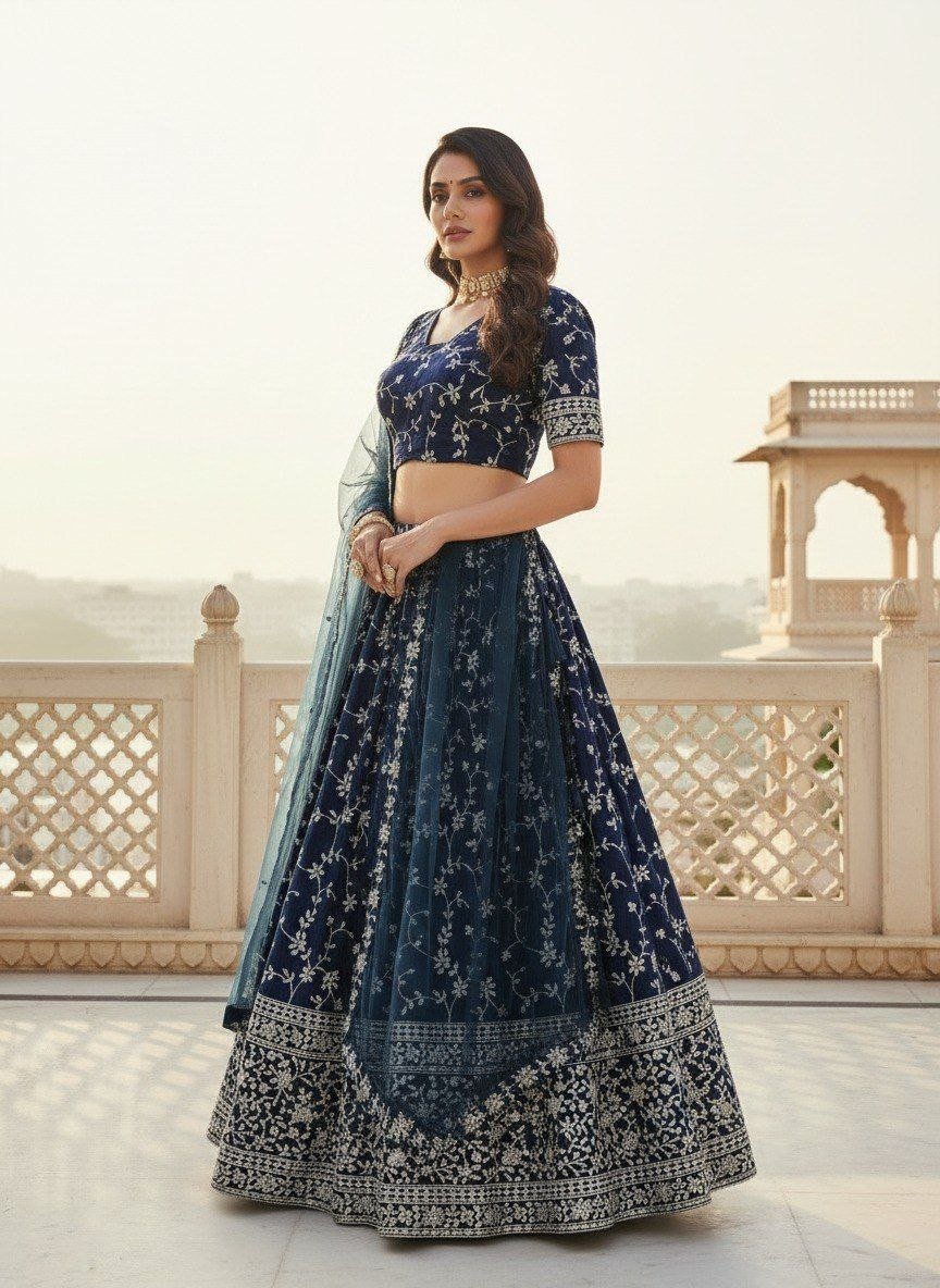 Floral Resham Embroidered Georgette Lehenga Set with Embroidered Border Dupatta - Surat Wholesale Ethnic Wear (Photo 3)