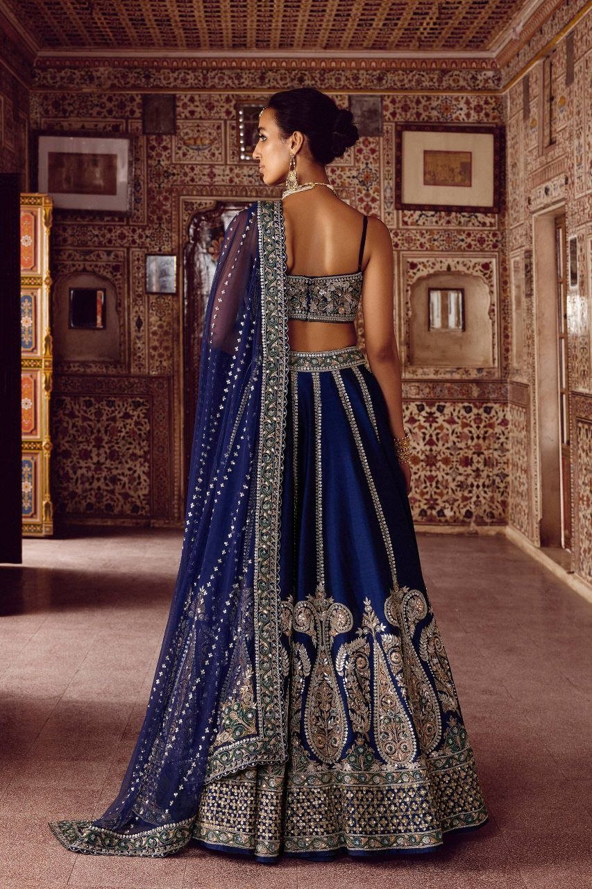 Paisley Motif Embellished Silk Lehenga Set with Draped Jacket Cape