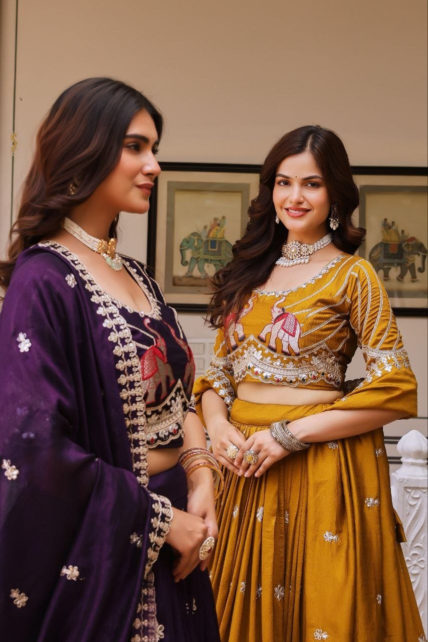 Elephant Motif Embroidered Silk Lehenga Set with Lace Border Dupatta - Surat Wholesale Ethnic Wear (Photo 3)