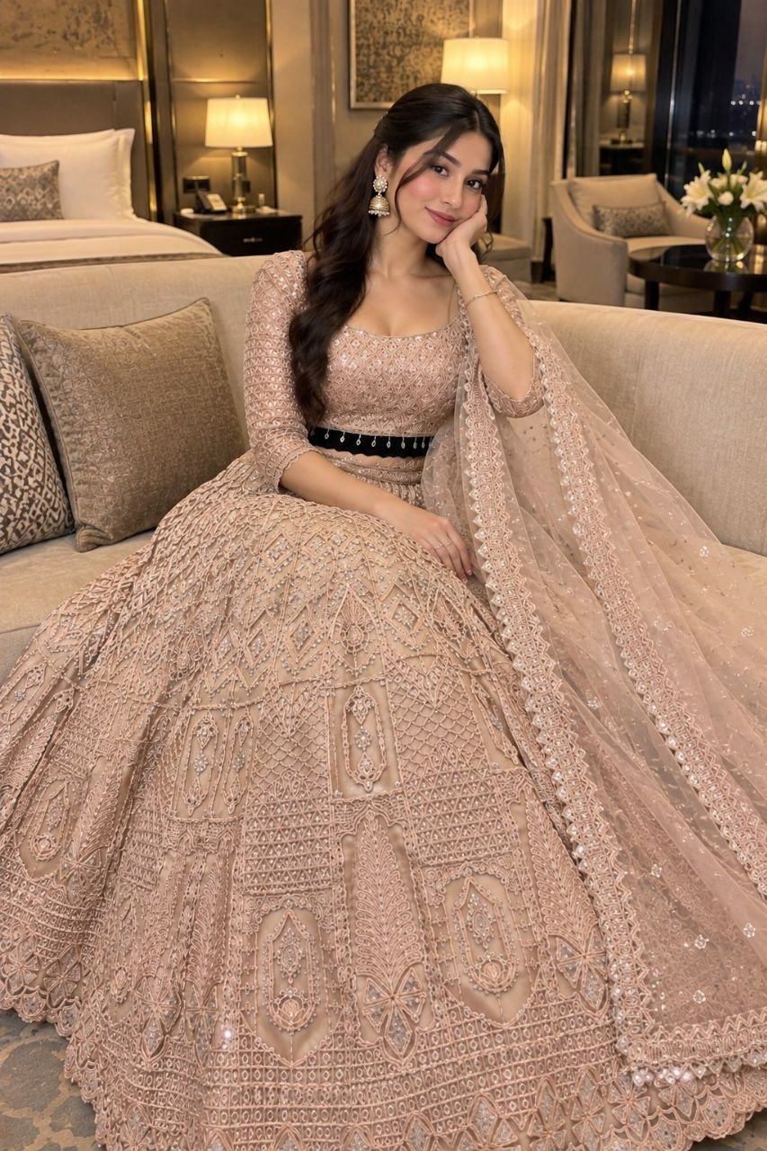 Intricate Chikankari Sequined Net Lehenga Set with Embellished Belt - Surat Wholesale Ethnic Wear (Photo 3)