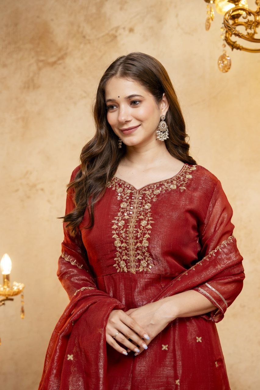 Embroidered Chanderi Kurta Set with Gota Patti Dupatta
