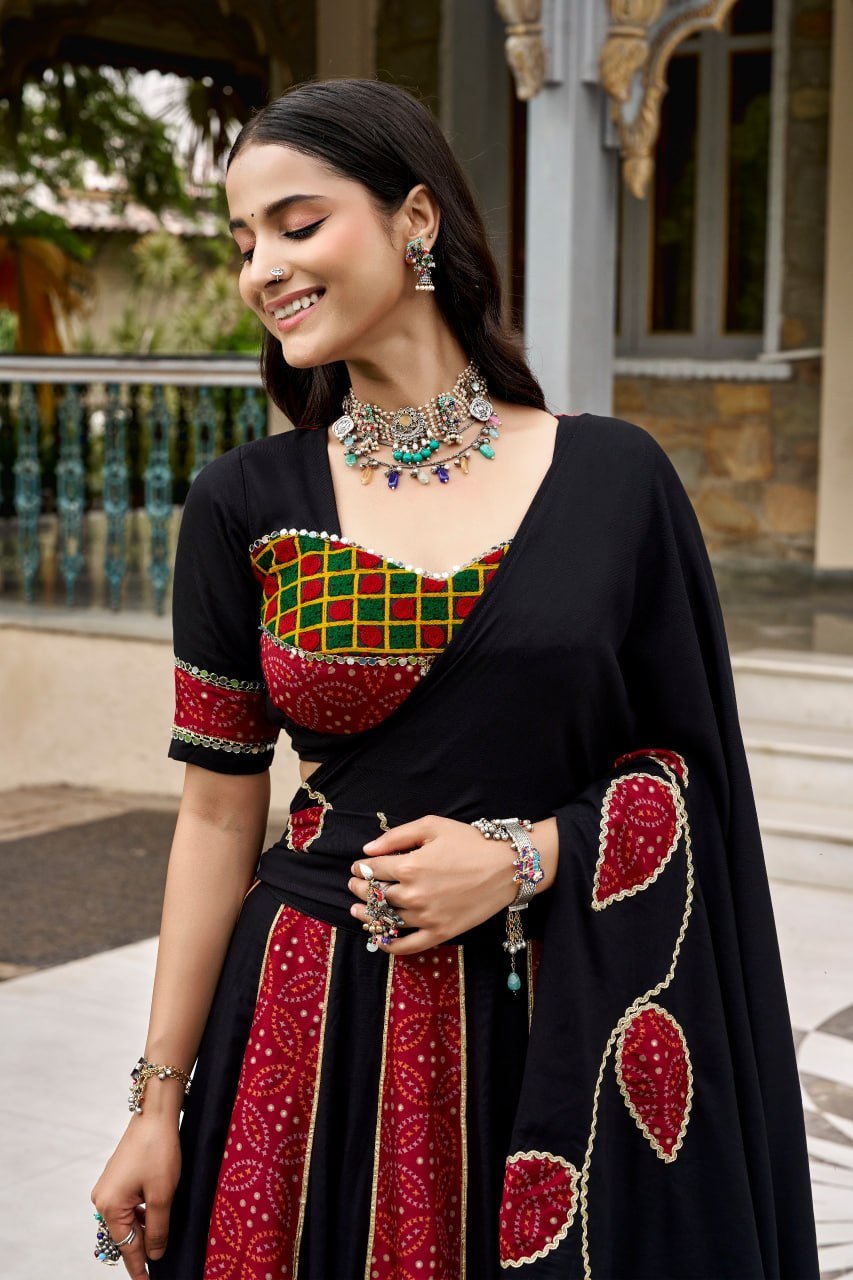 Printed Patchwork Flared Lehenga Choli Set With Pleated Hem