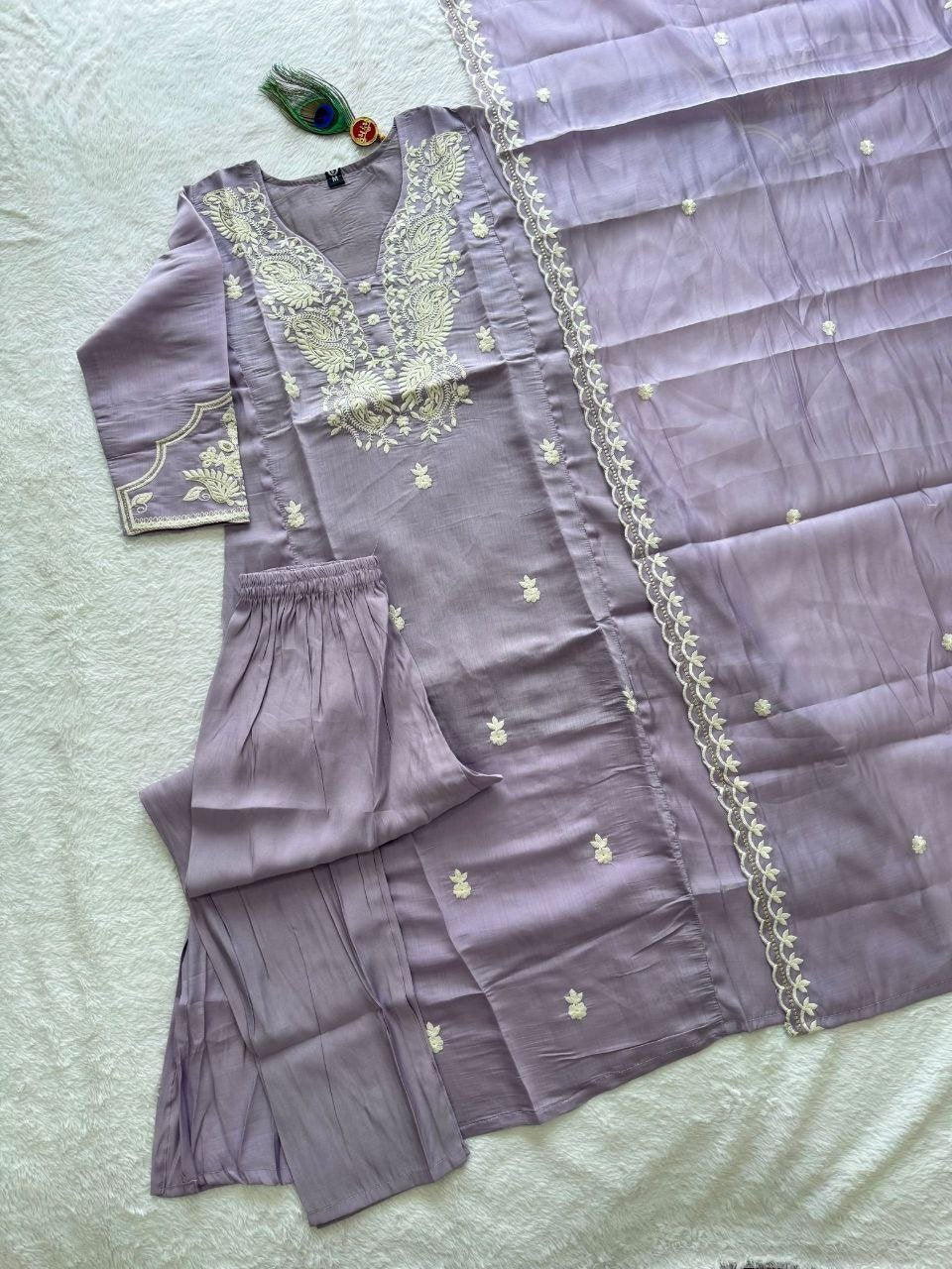 Intricately Embroidered Kurta Set with Lace Detailed Dupatta