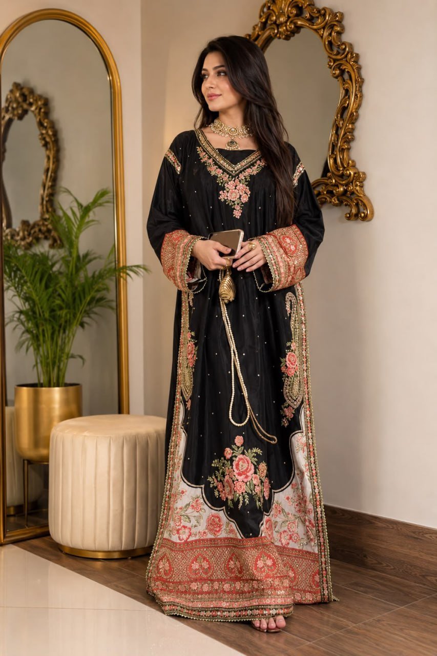 Embroidered Kaftan Kurta Set with Intricate Floral Borders and Shell Detail Cuffs