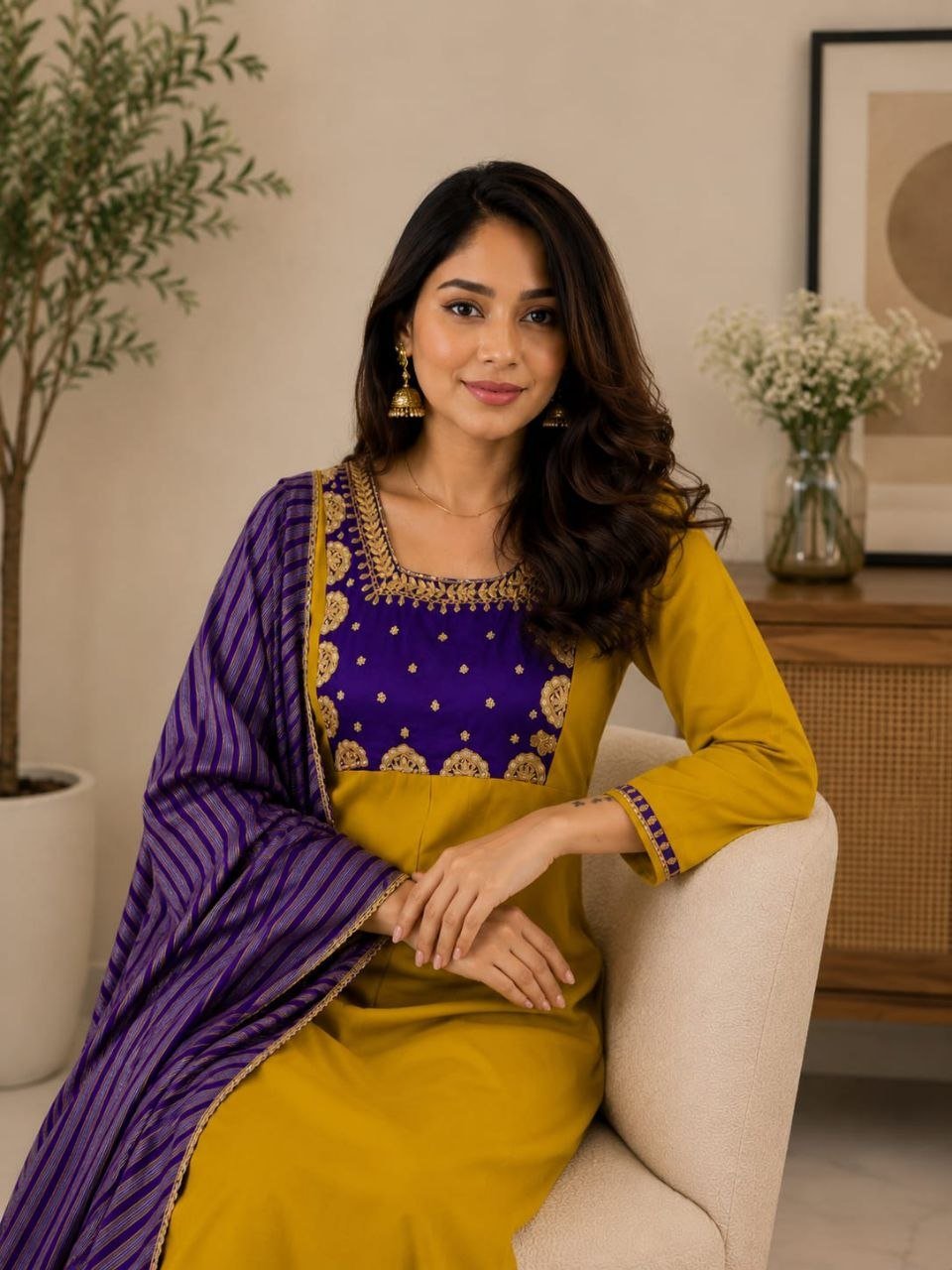 Embroidered Peacock Motif Anarkali Suit with Mirror Work Dupatta