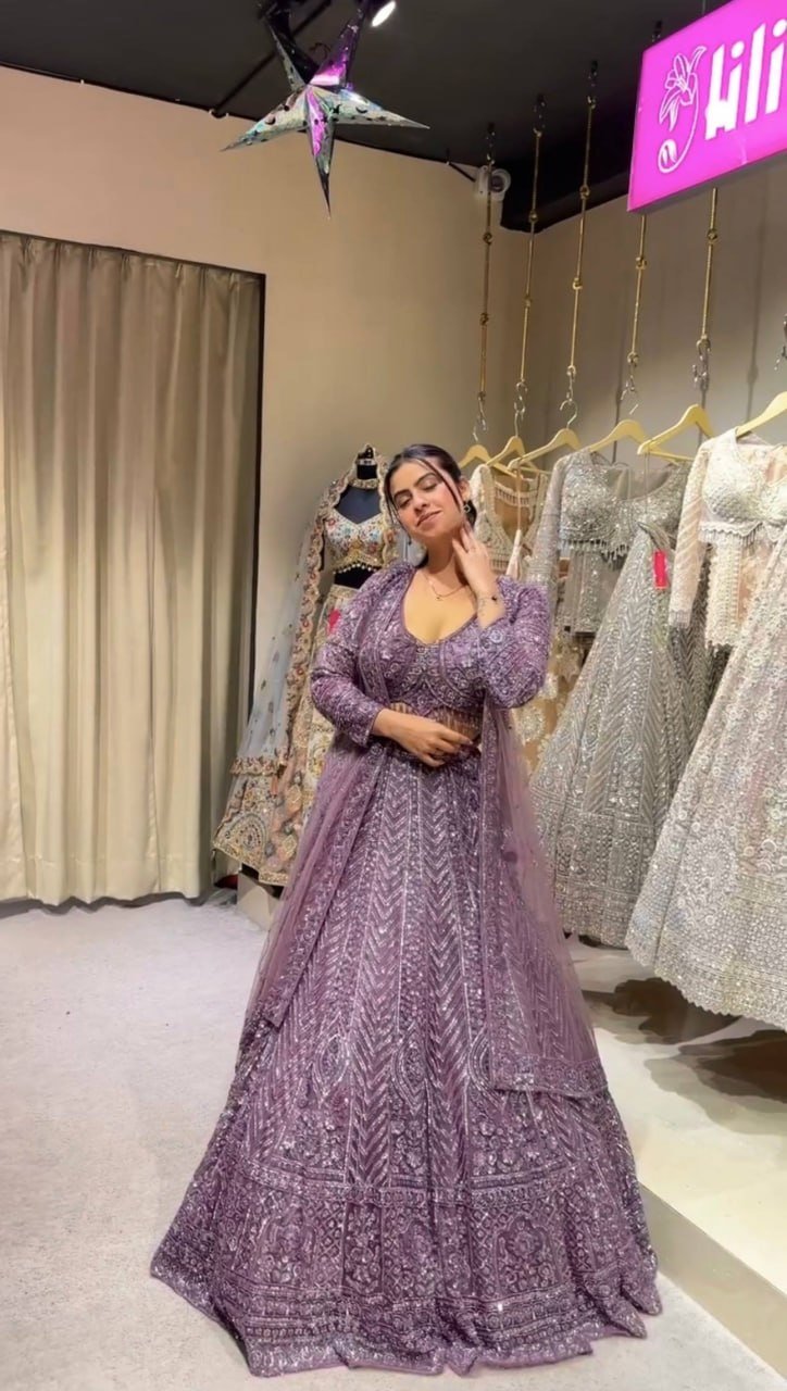 Sequined Chevron Patterned Lehenga Set with Long Net Shrug