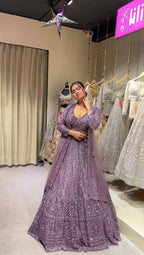Sequined Chevron Patterned Lehenga Set with Long Net Shrug