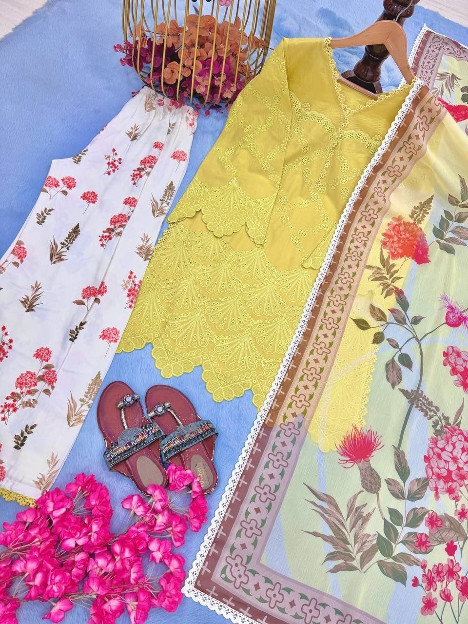 Sunlit & Vibrant Chikankari Cutwork Kurta with Printed Bottom